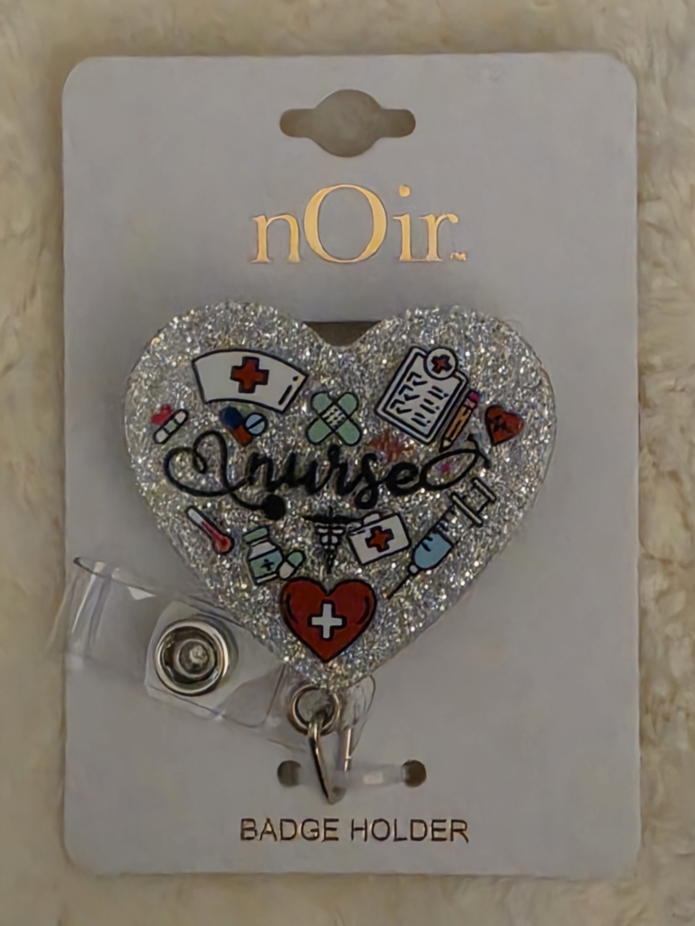 nOir Jewelry Silver Glitter Heart Nurse Badge Holder with Red Accents